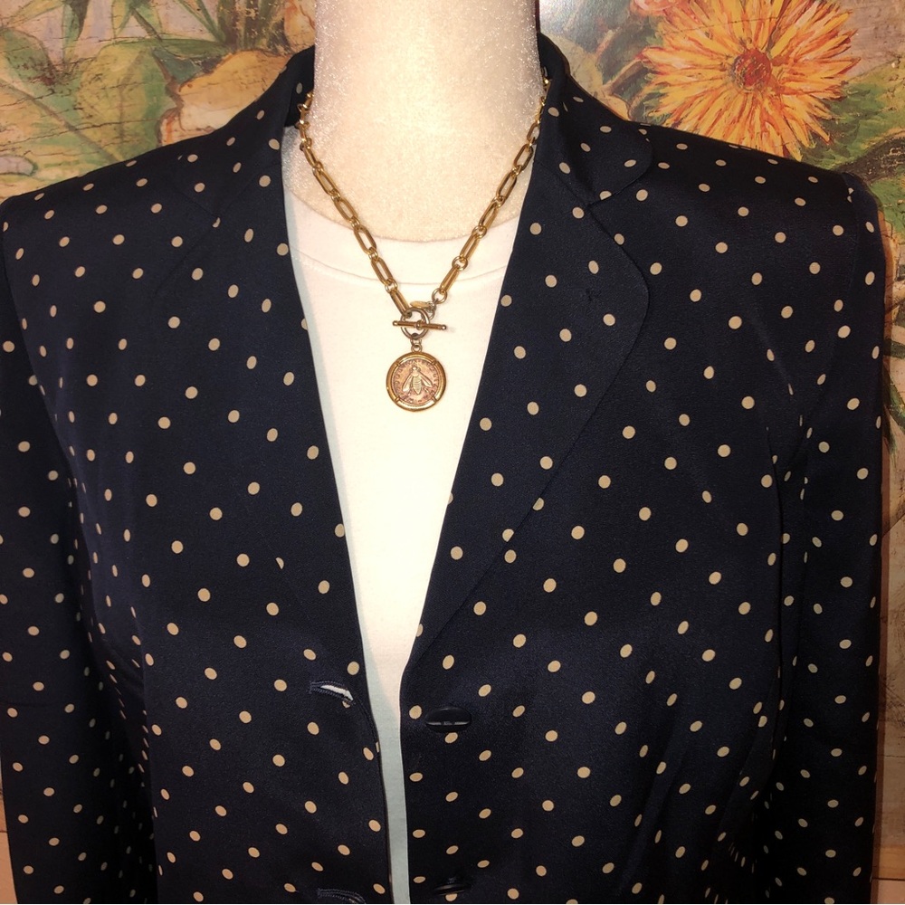 Sz 8 Preston & York Vintage Navy Polka Dot Silk Blazer